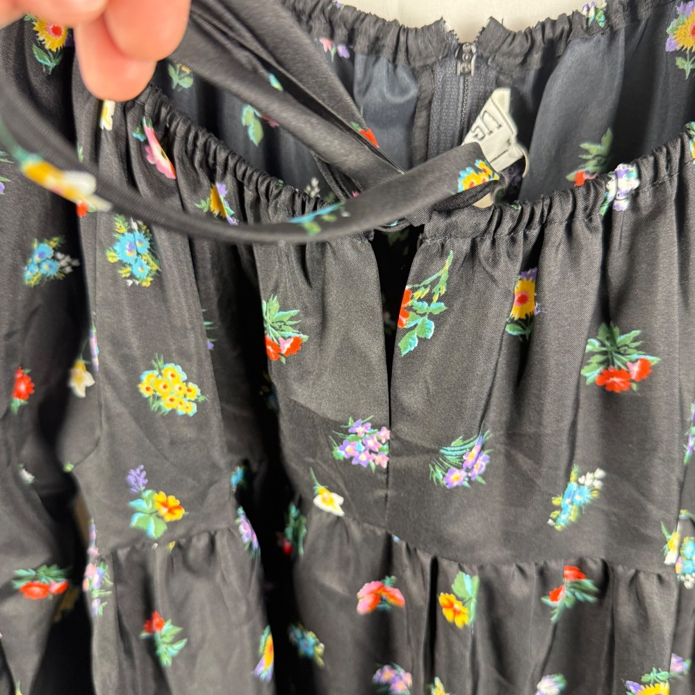 Vintage Black Balloon Sleeve Ditsy Dark‎ Floral Midi Peasant Dress Whimsigoth 12 - Picture 4 of 12